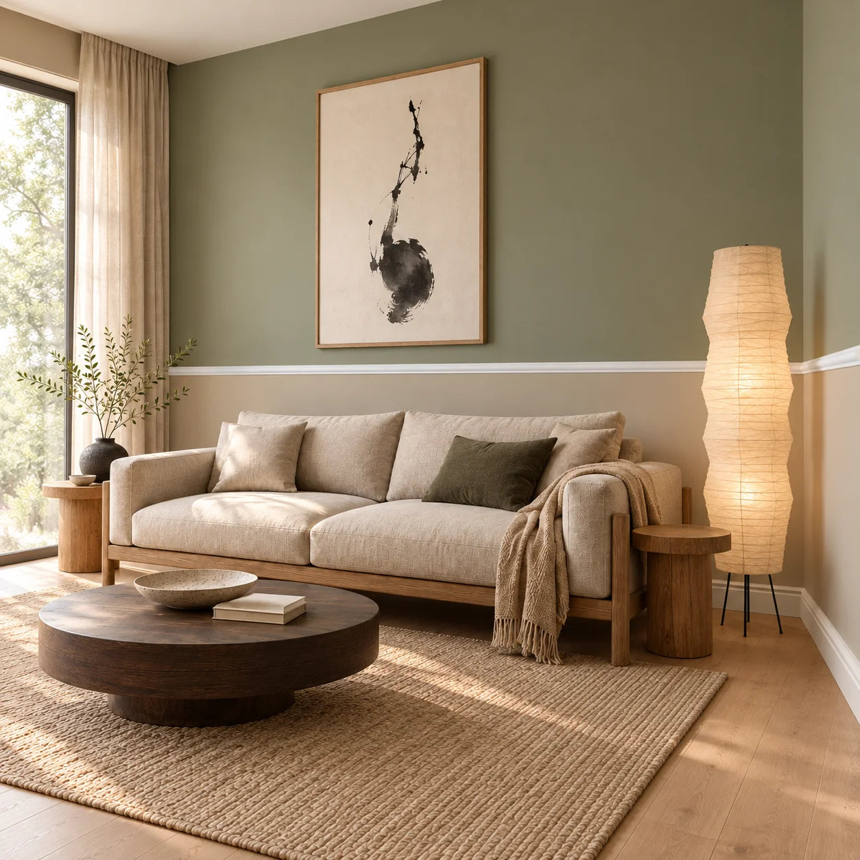Angled view of a Japandi living room with white SP2 chair rail, linen sofa and oak furniture