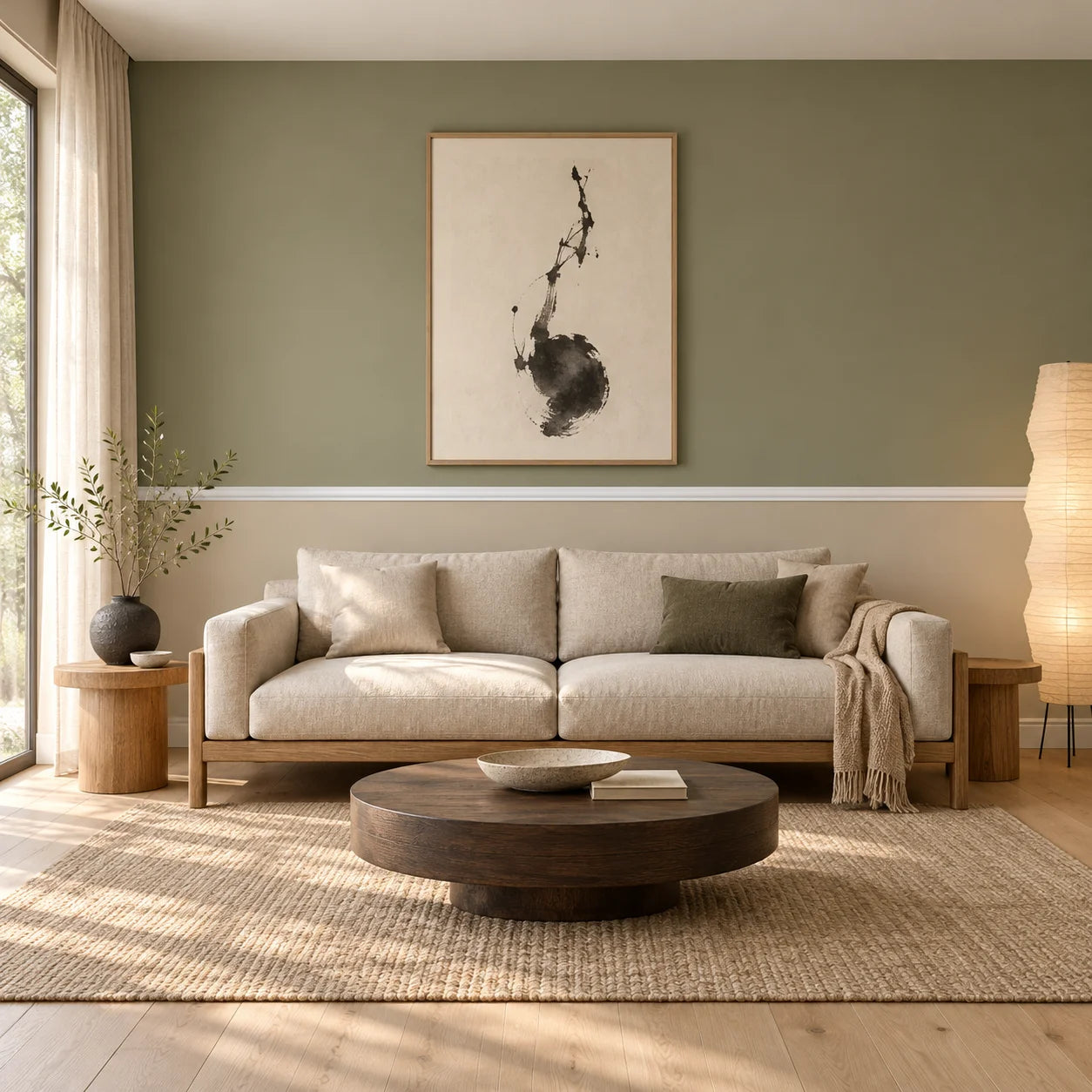 Front view of a Japandi living room with white SP2 chair rail separating olive and beige walls