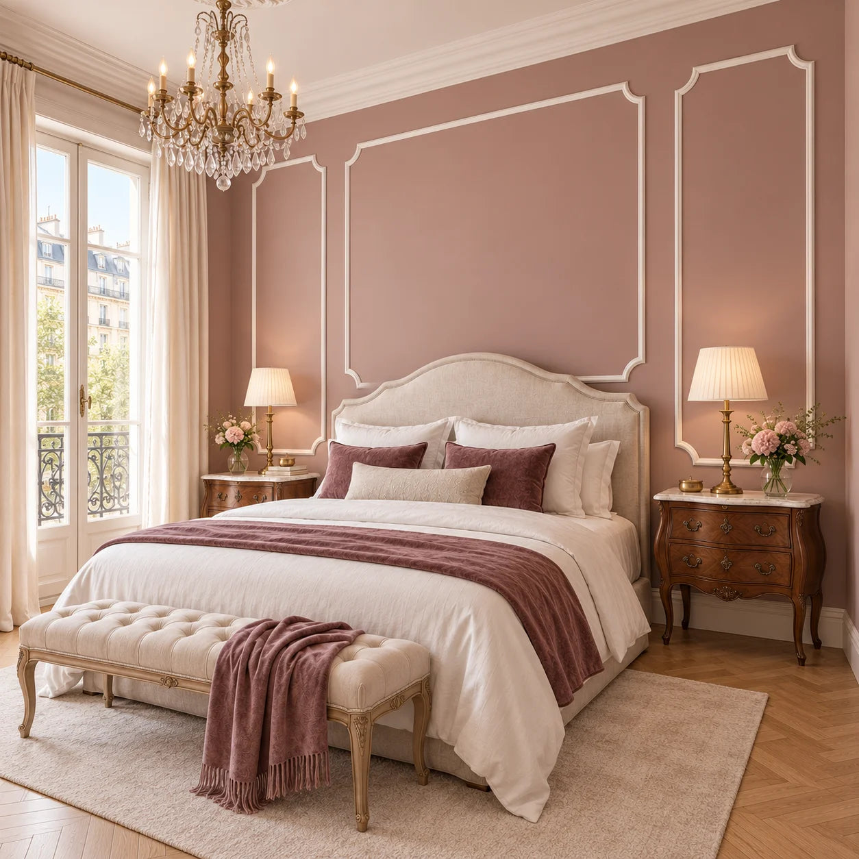 Front view of an elegant French bedroom with white SP3-4 wall frames and dusty rose walls