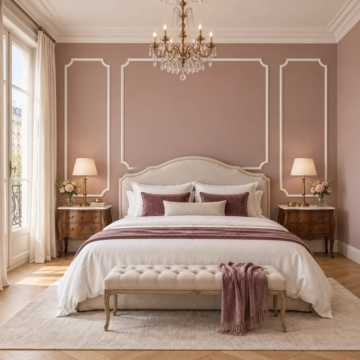 Angled view of a French bedroom with SP3-4 decorative wall frames, walnut bedside tables and a crystal chandelier