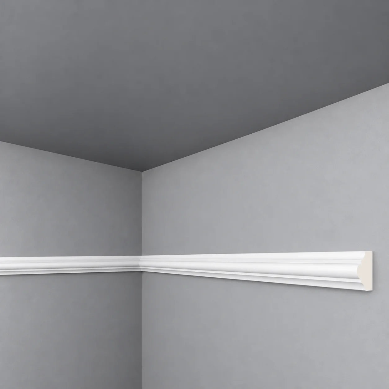 White SP3 dado rail with a curved profile installed around a grey room corner