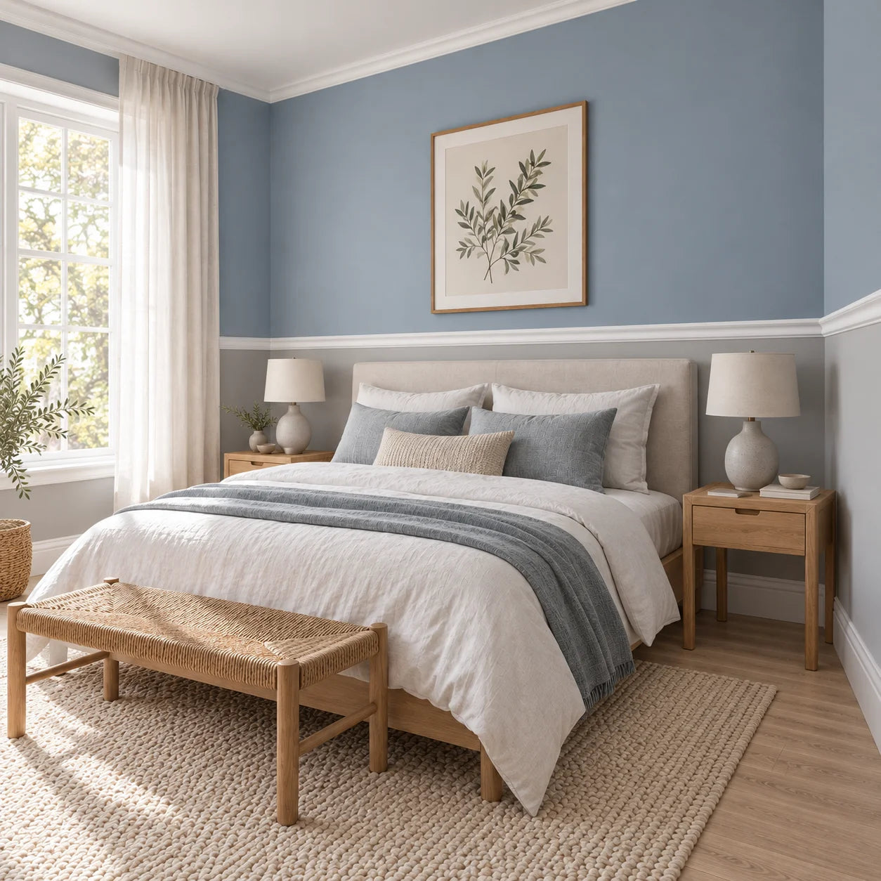 Angled view of a Nordic bedroom with white SP3 dado rail, linen bedding and a woven oak bench