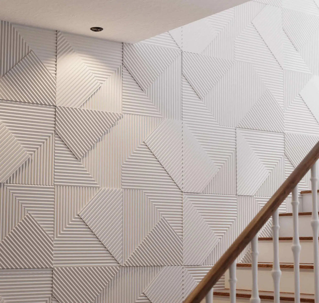 STRIPES 3D Wall Panel EPS - 3D Polystyrene Wall Panels in a hallway with a staircase | DecorMania UK 