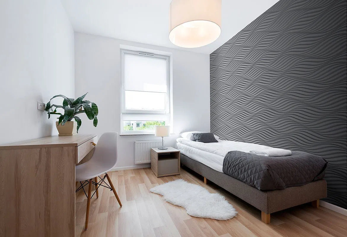 THE WIND 3D Wall Panel Model 04 - 3D Polystyrene Wall Panels 3D wave-pattern wall panels in a minimalist bedroom design, complementing the wooden furniture and neutral color scheme | DecorMania UK