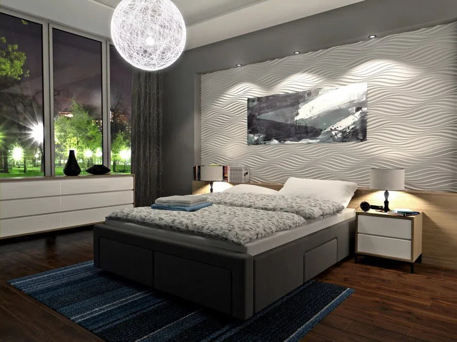 THE WIND 3D Wall Panel Model 04 - 3D Polystyrene Wall Panelsin a bedroom with ambient lighting, enhancing the modern design with a sleek and stylish backdrop | DecorMania
