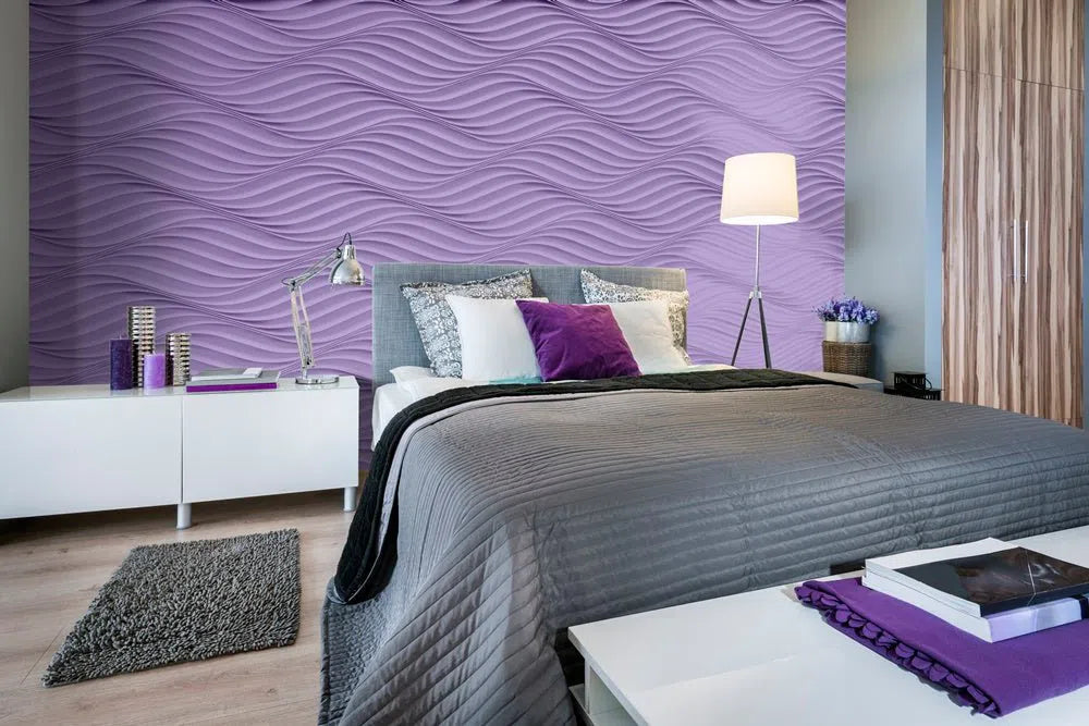 THE WIND 3D Wall Panel Model 04 - 3D Polystyrene Wall Panels behind the bed, adding dimension and style, with a modern nightstand, lamp, and decorative elements enhancing the serene atmosphere of the bedroom. | DecorMania UK