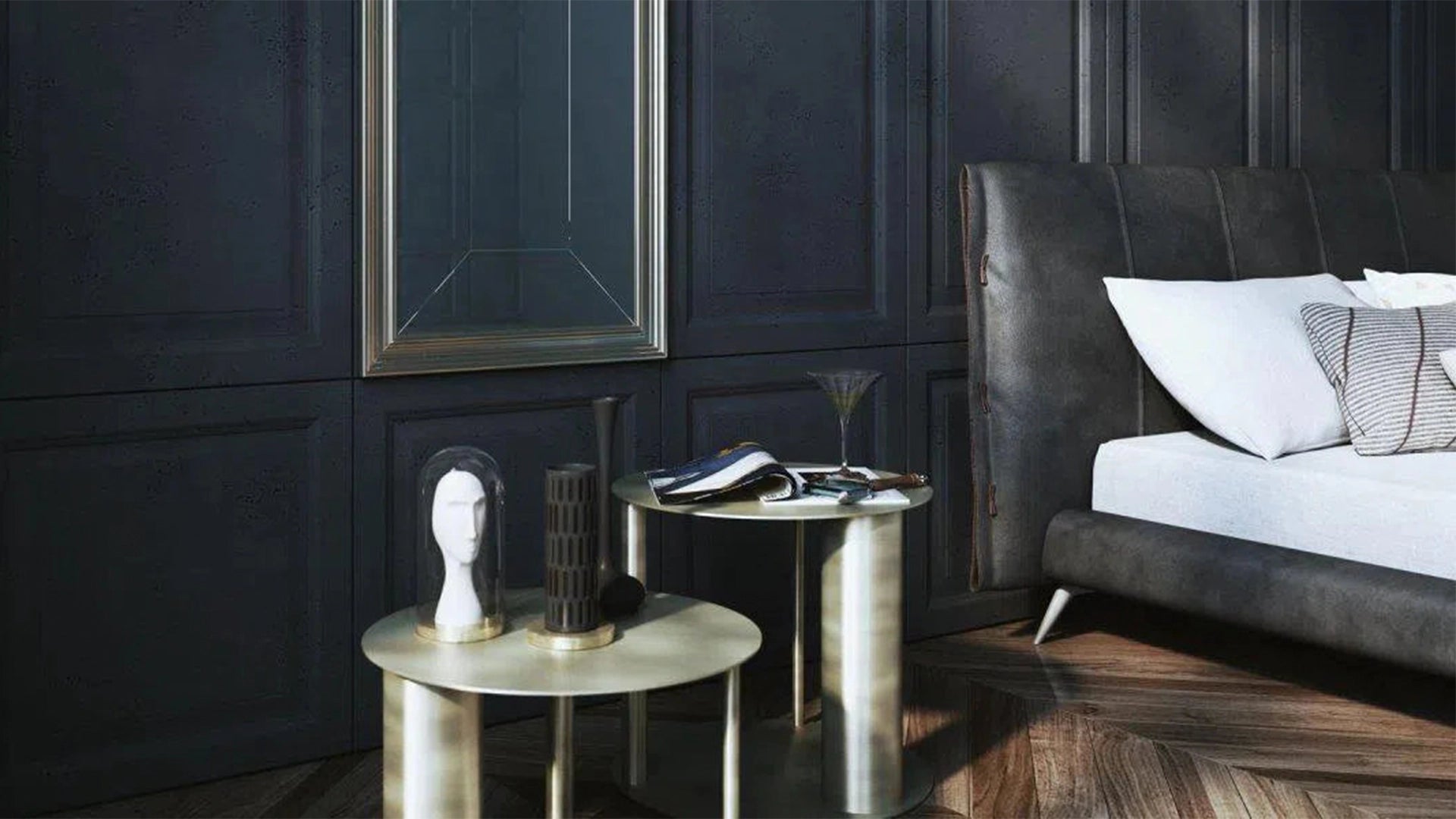 3d concrete wall panels in dark modern bedroom interior decormania uk