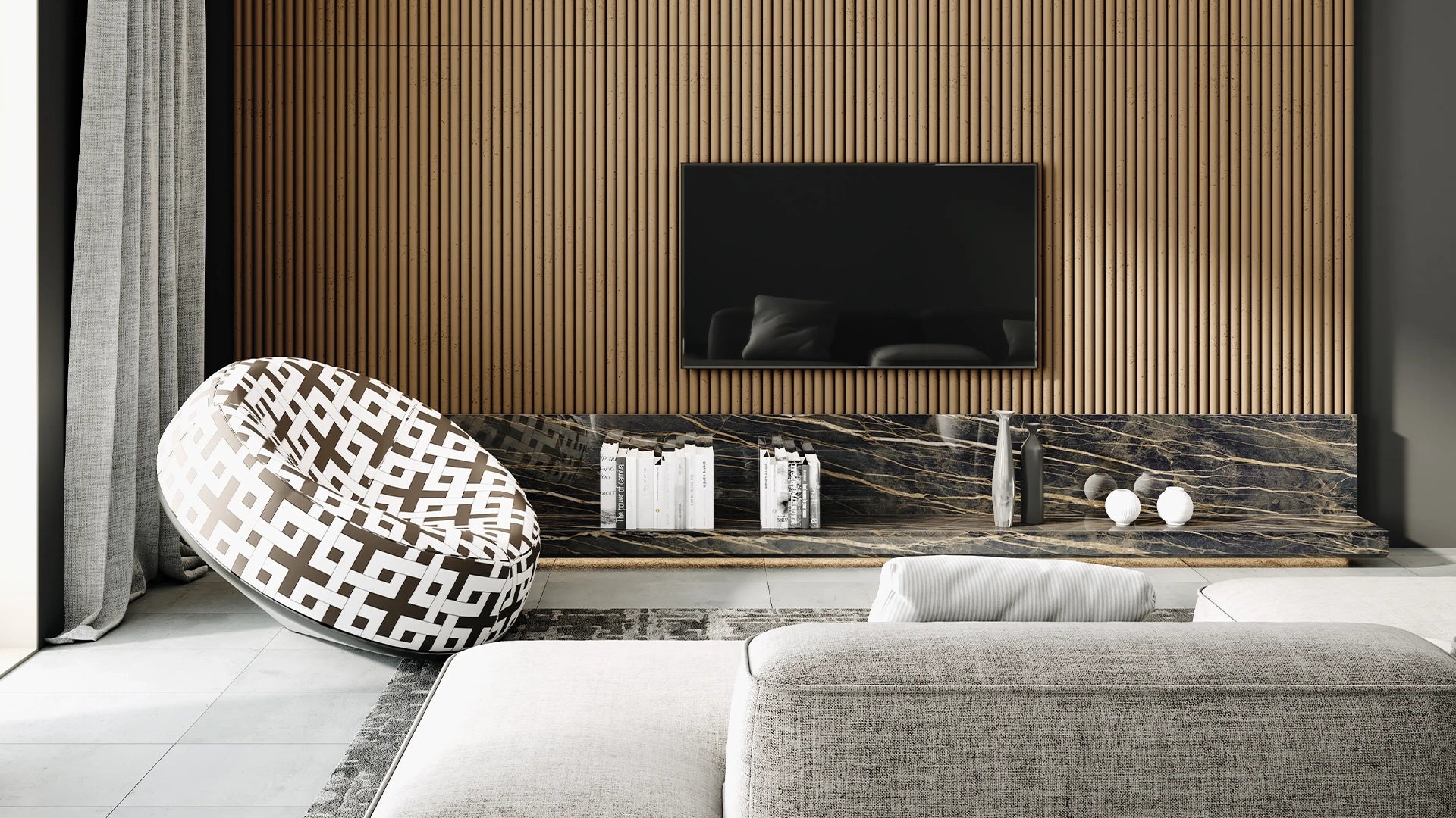 3D Concrete Wall Panels TUBES in modern living room interior DecorMania UK