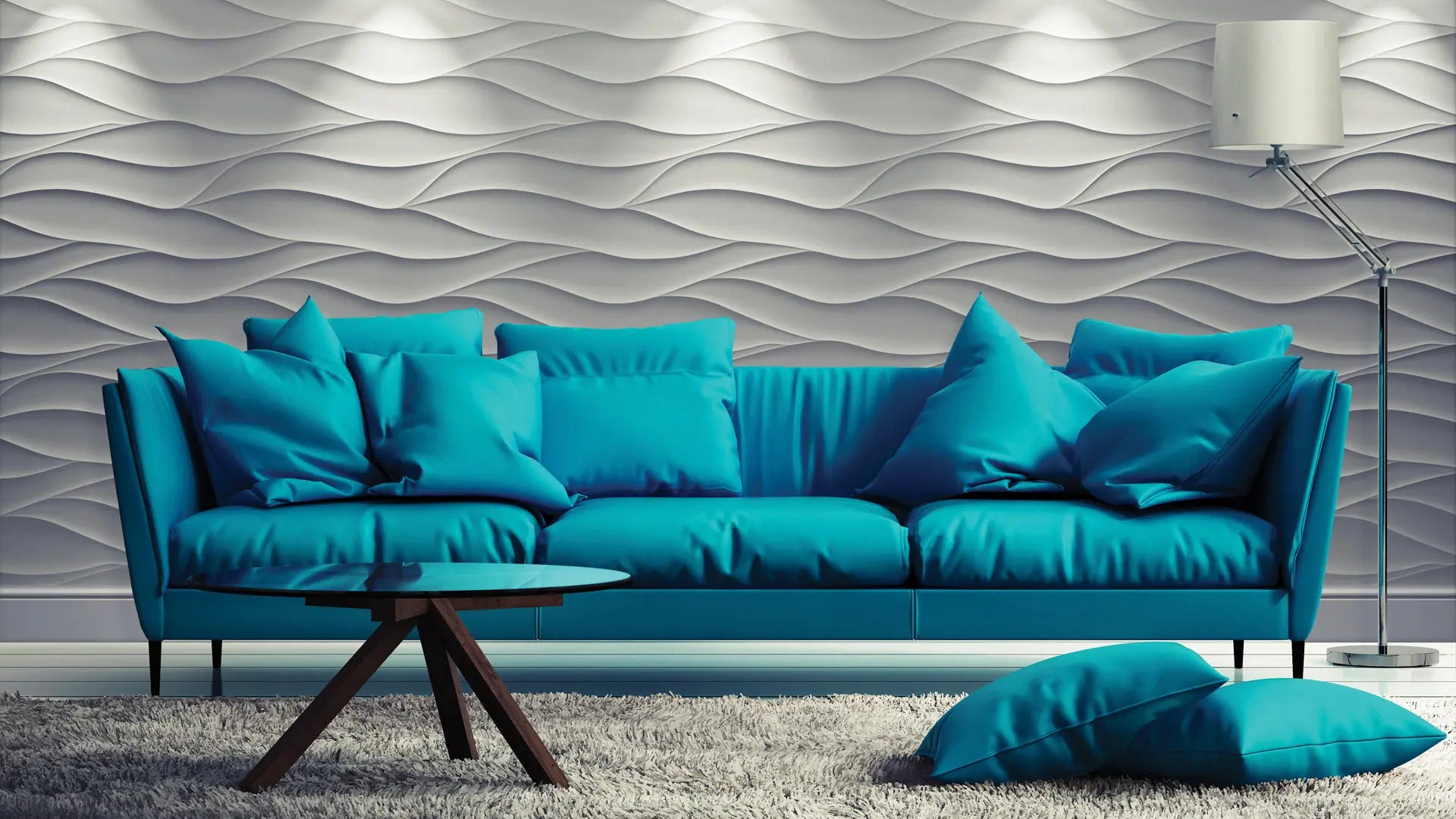 3D Gypsum wall art panels with blue couch DecorMania UK