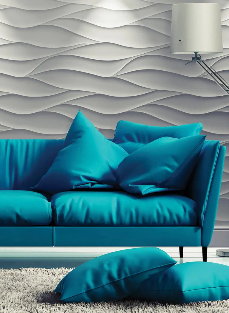 3D Gypsum wall art panels with blue couch DecorMania UK