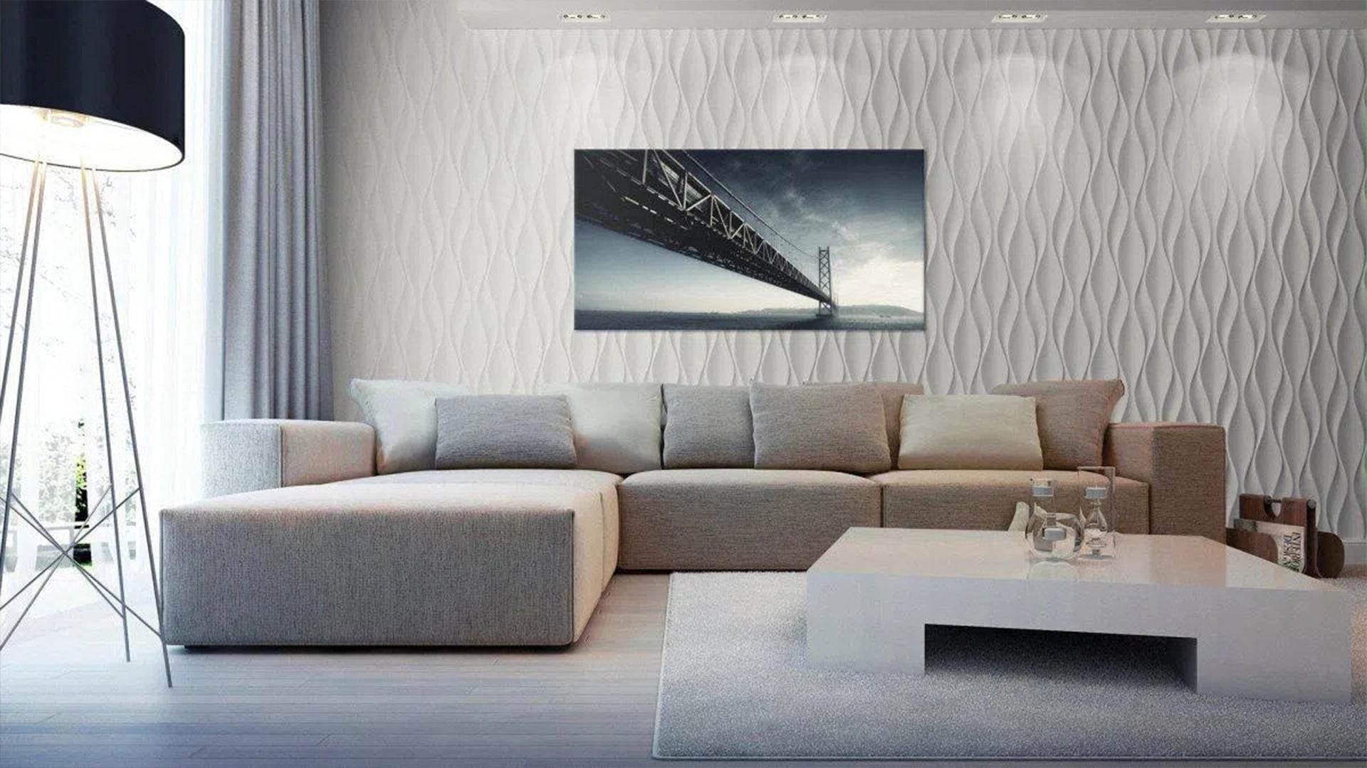 3D Gypsum wall art panels with beige couch DecorMania UK