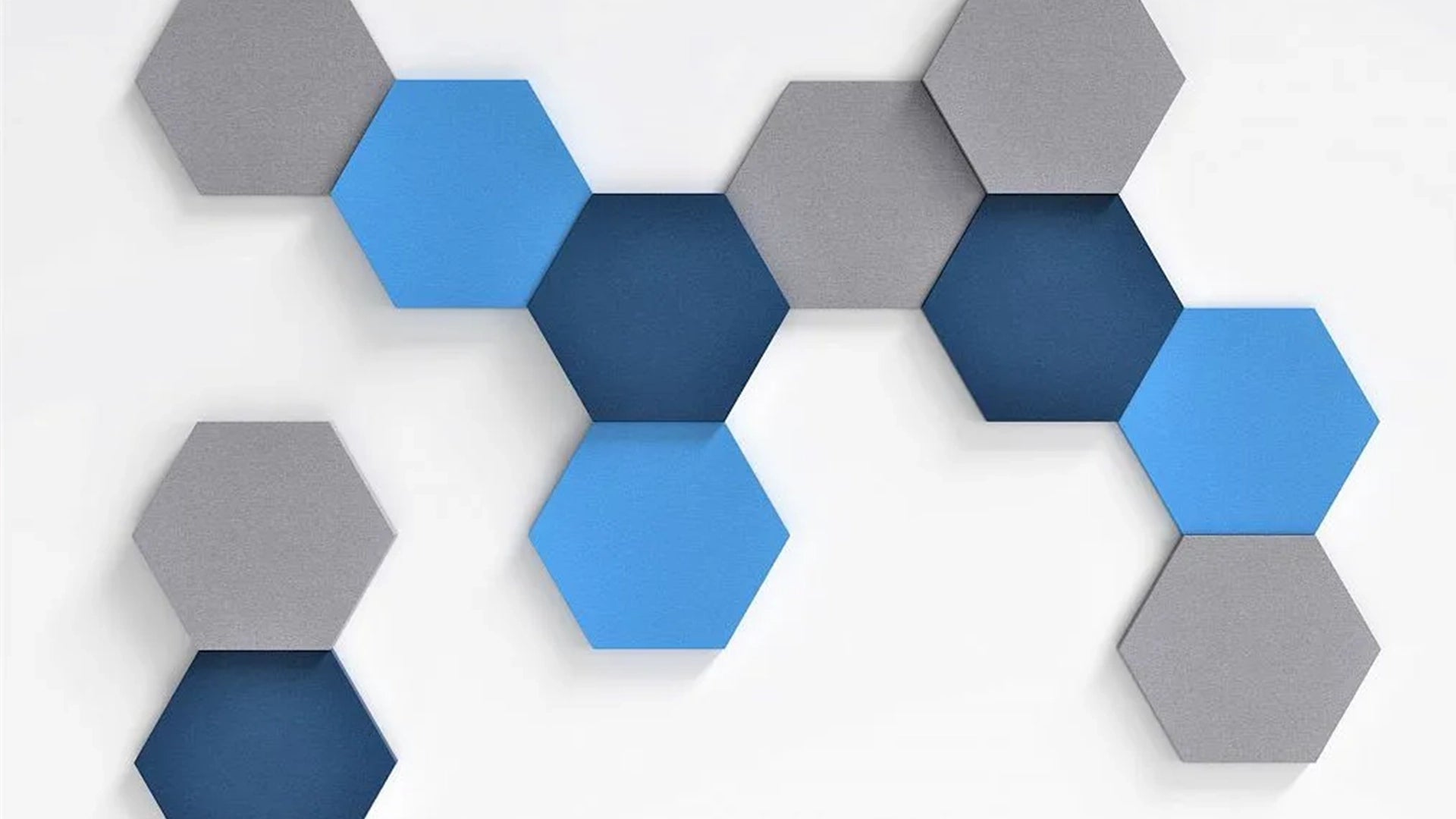 HEXA 3D Felt PET Wall Panels blue and grey composition on white wall | DecorMania UK