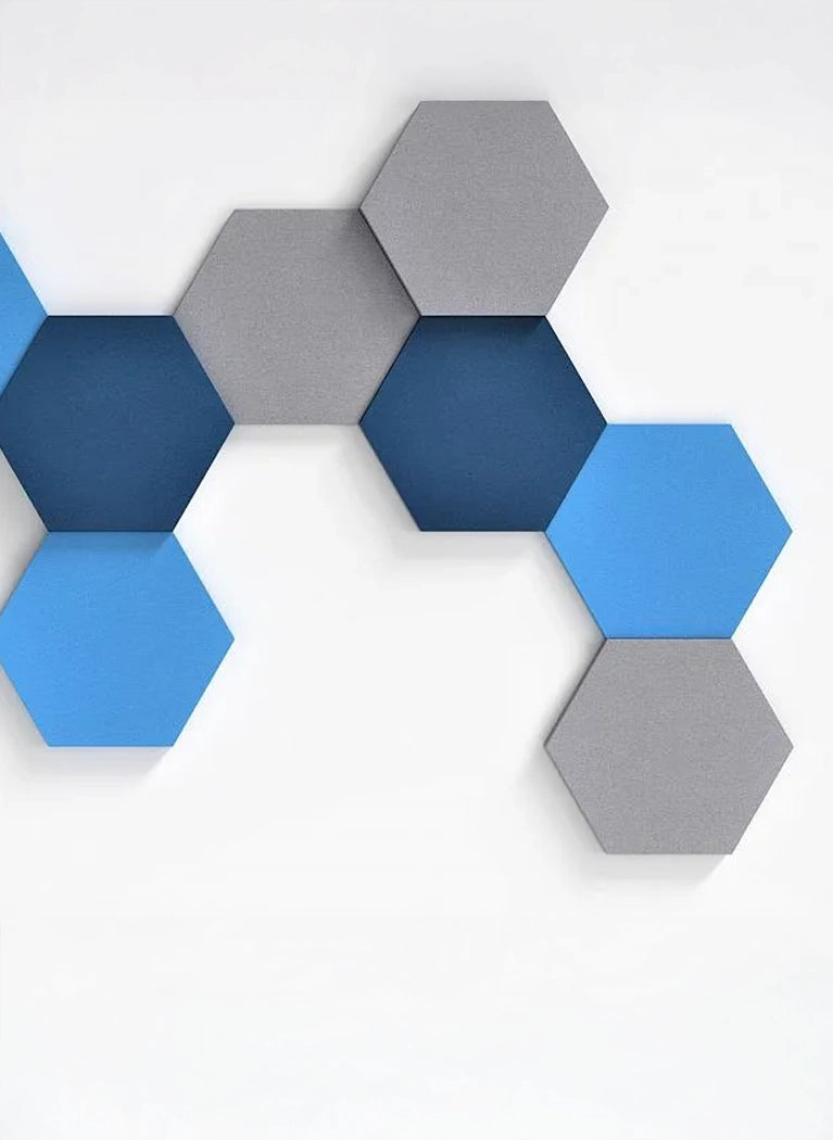 HEXA 3D Felt PET Wall Panels blue and grey composition on white wall | DecorMania UK