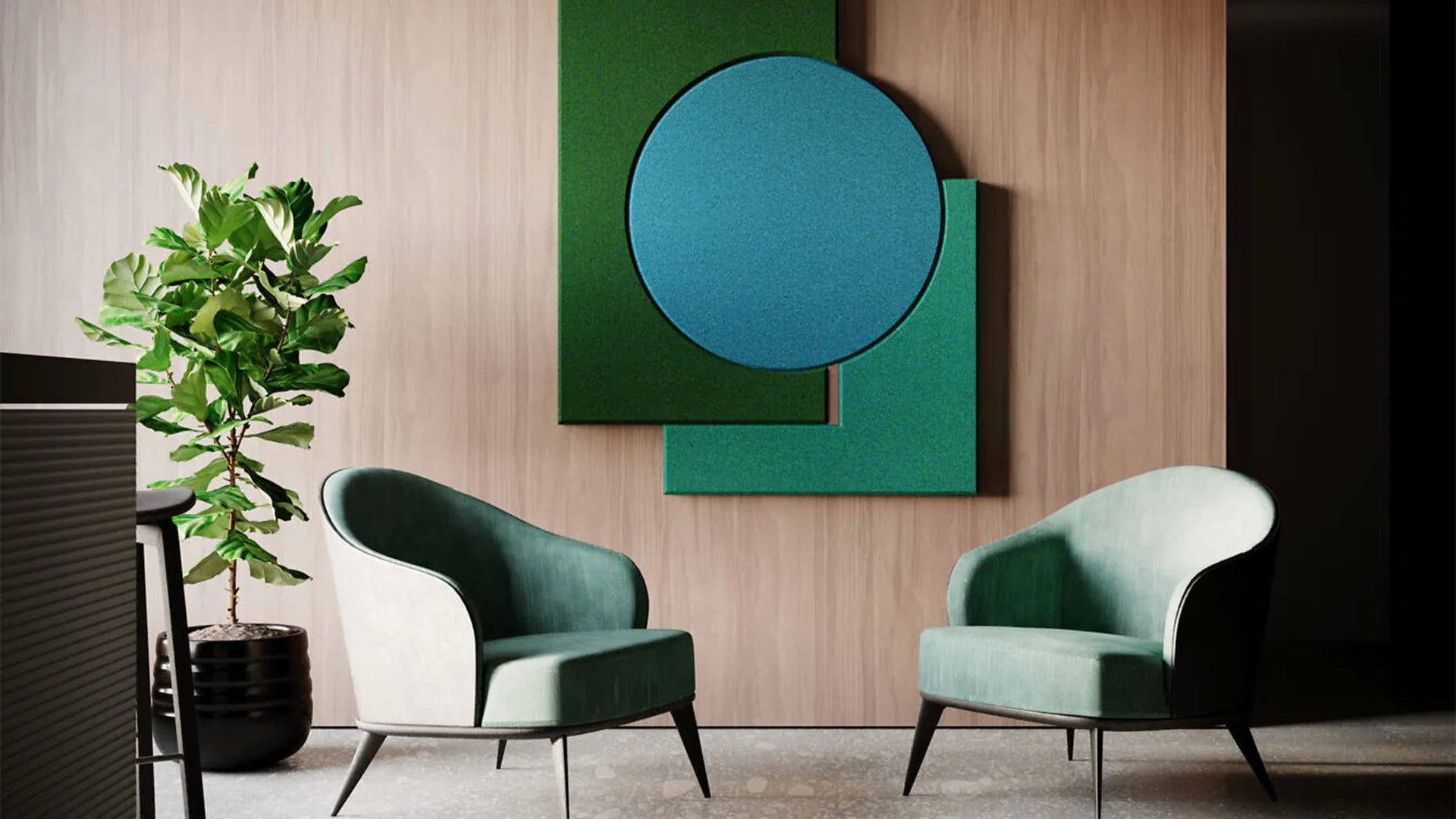 Acoustic Wall Art Panels combined with wood in living room interior DecorMania UK