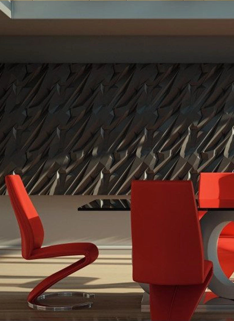 Ceramic 3D Gypsum wall panels in modern dining room interior with table and chairs