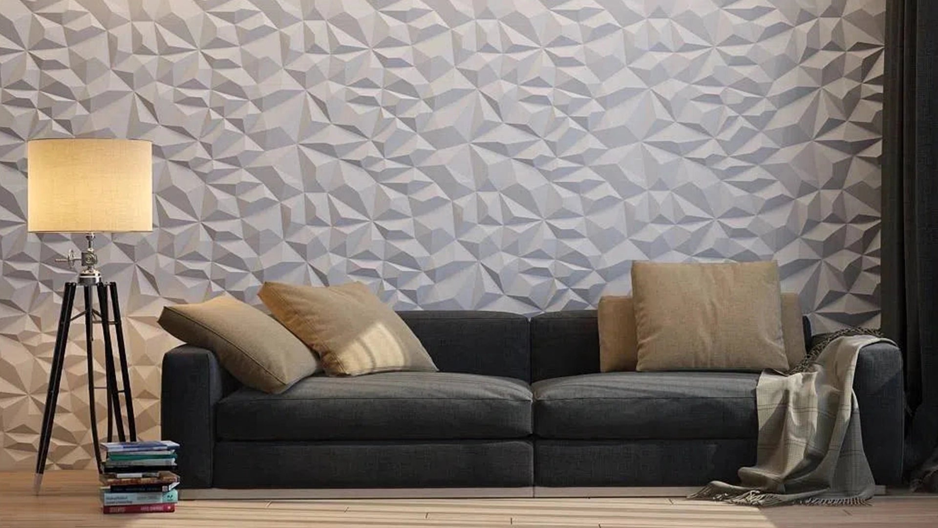 Ceramic 3D Gypsum wall panels in modern living room interior