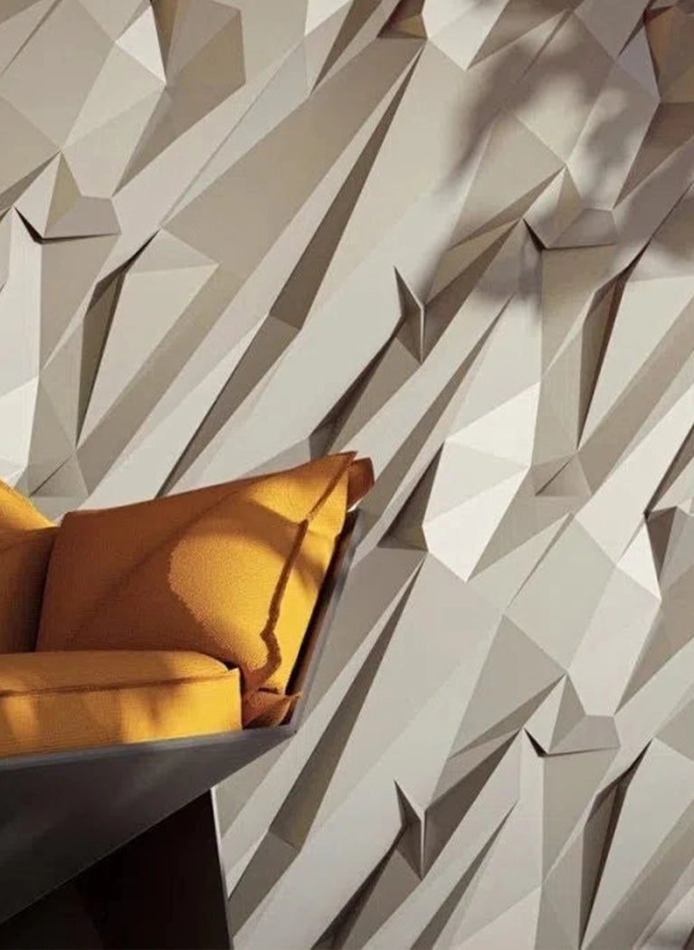 Ceramic 3D Gypsum wall panels in modern living room interior