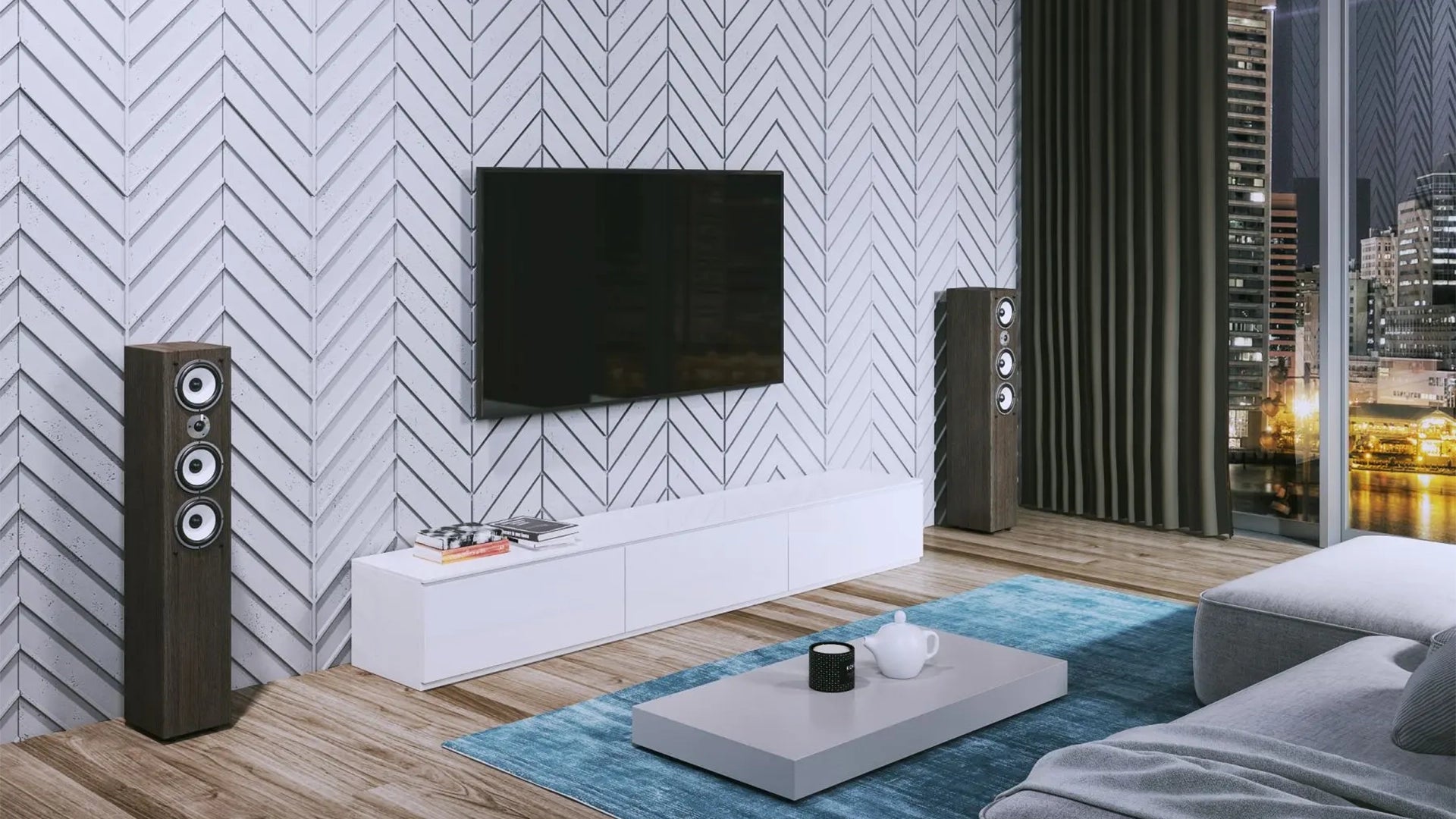 Concrete Cladding HERRINGBONE Wall Panels in grey colour living room interior DecorMania UK