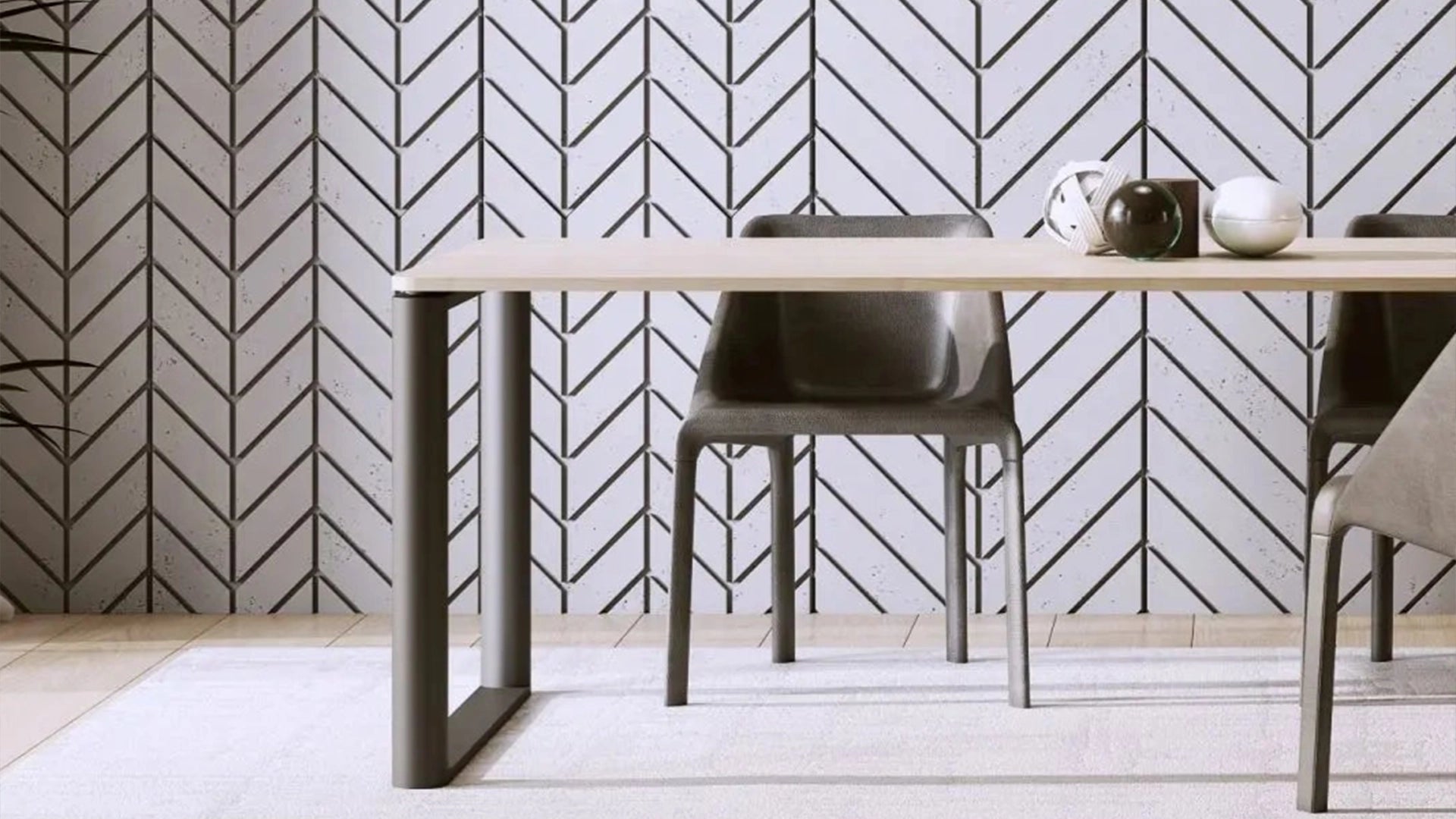 Concrete Cladding HERRINGBONE Wall Panels in grey colour dining room interior DecorMania UK