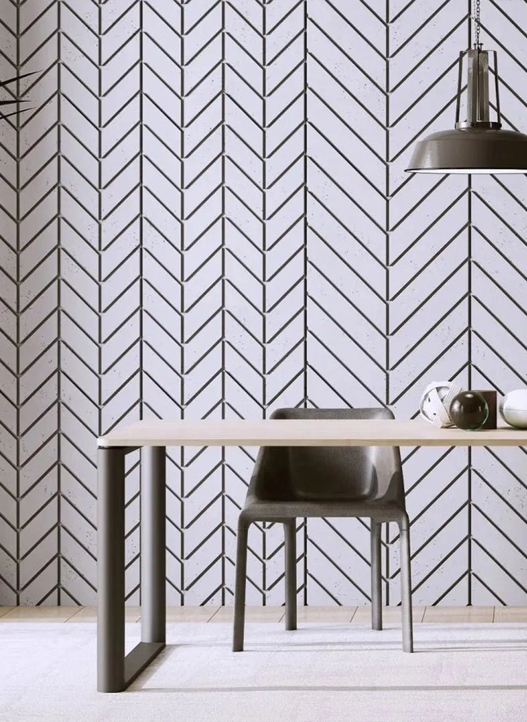 Concrete Cladding HERRINGBONE Wall Panels in grey colour dining room interior DecorMania UK