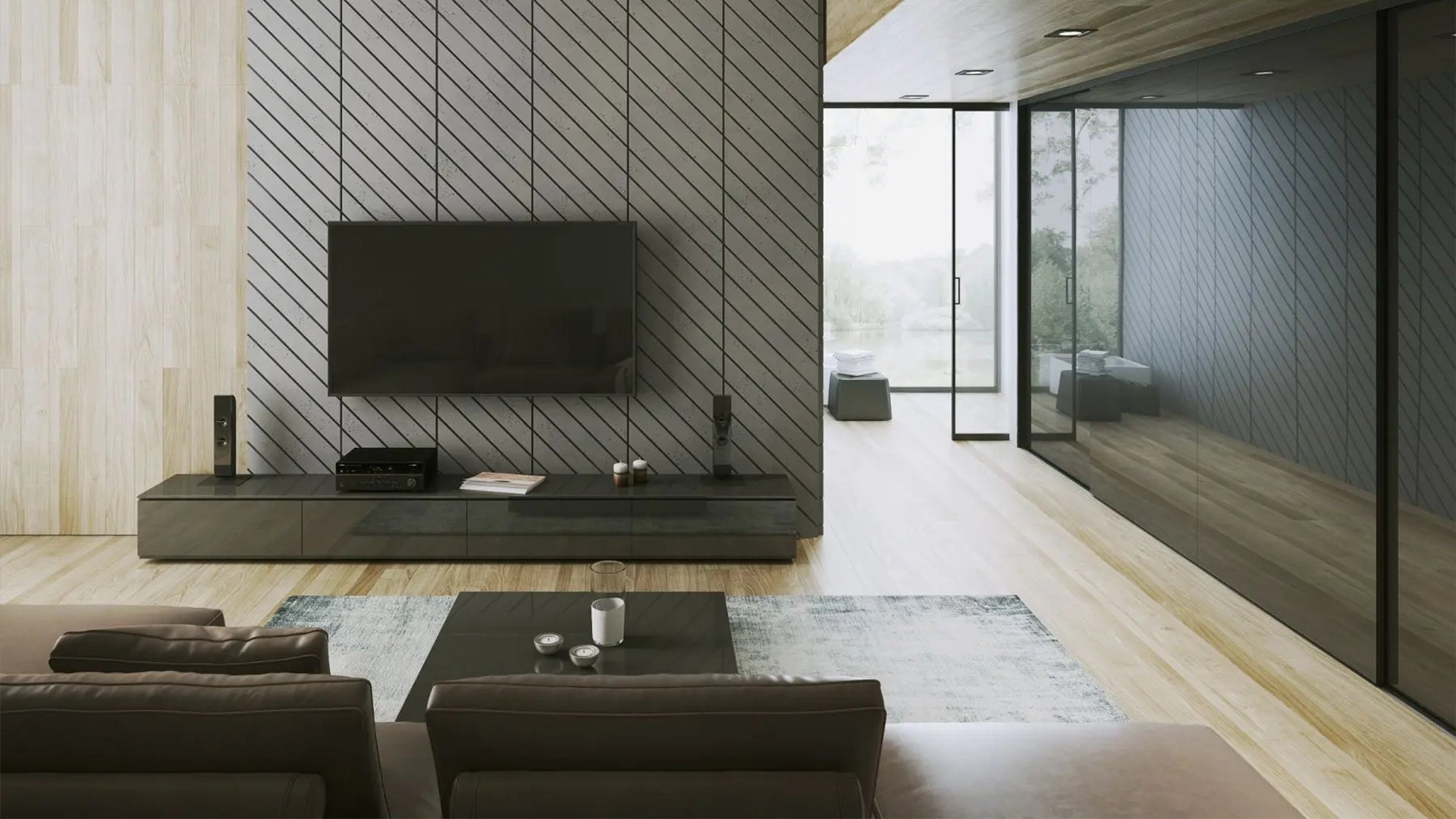 Concrete Cladding HERRINGBONE Wall Panels in grey colour living room interior DecorMania UK