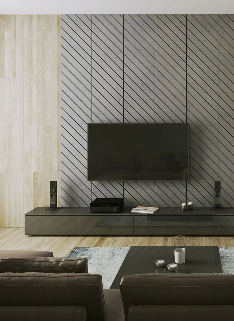 Concrete Cladding HERRINGBONE Wall Panels in grey colour living room interior DecorMania UK