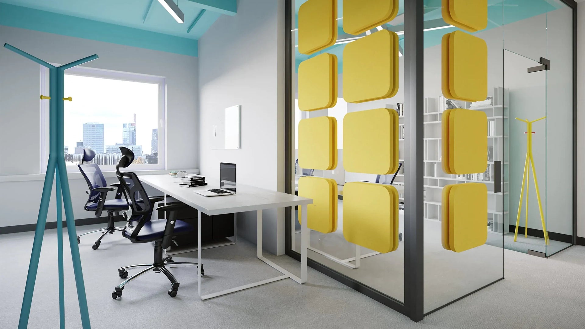 Decorative Glass Wall Panels - Acoustic Tele L in office interior DecorMania UK