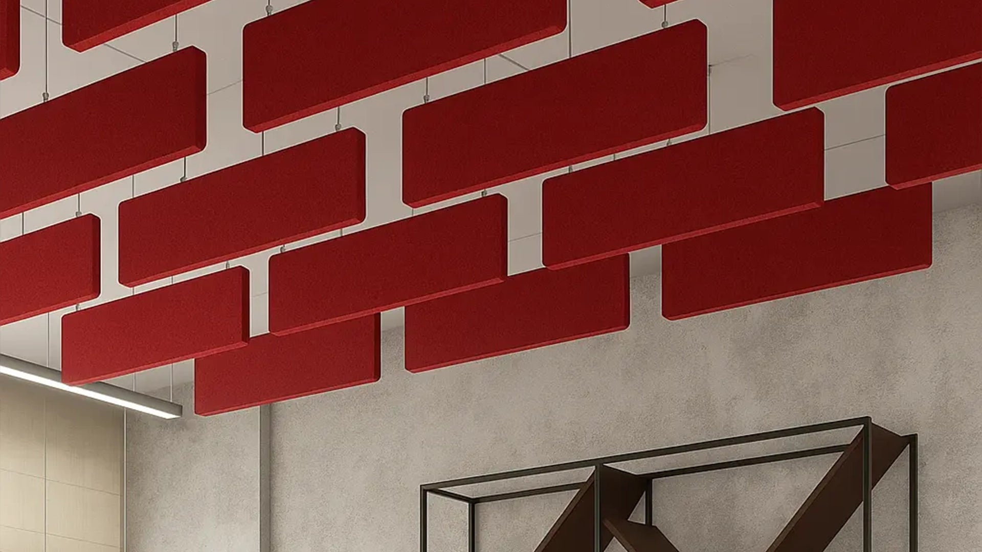 Felt Ceiling Acoustic Baffles - RECTANGLE ROUNDED red panels in office interior Decormania UK