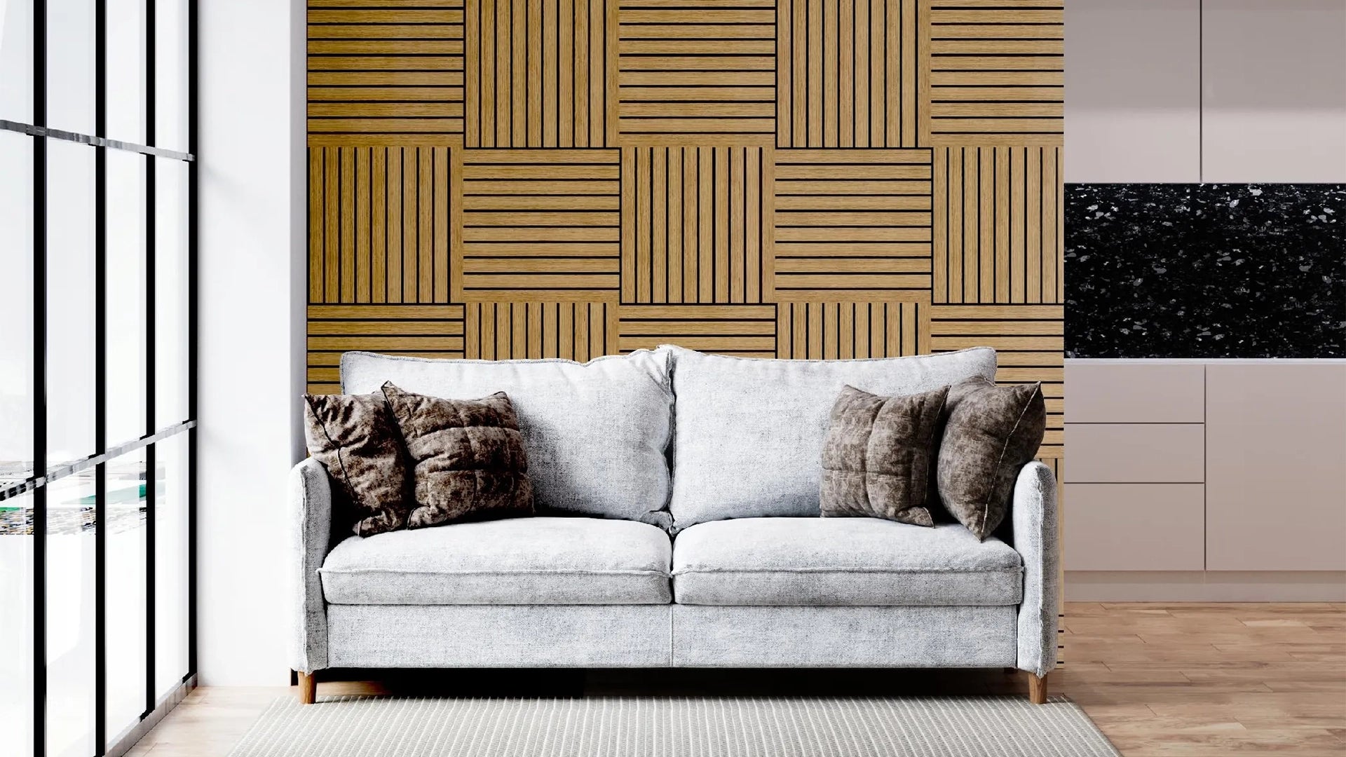 Felt Slatted Acoustic Wall Panels 4 feature wall in living room interior DecorMania UK
