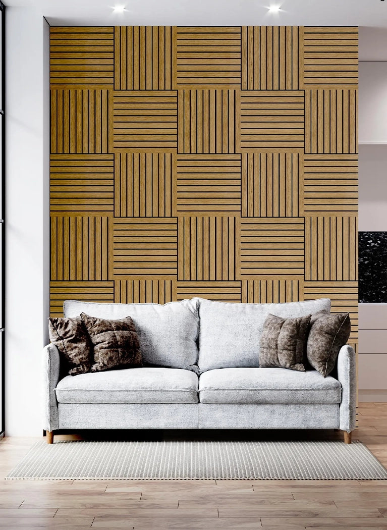 Felt Slatted Acoustic Wall Panels 4 feature wall in living room interior DecorMania UK