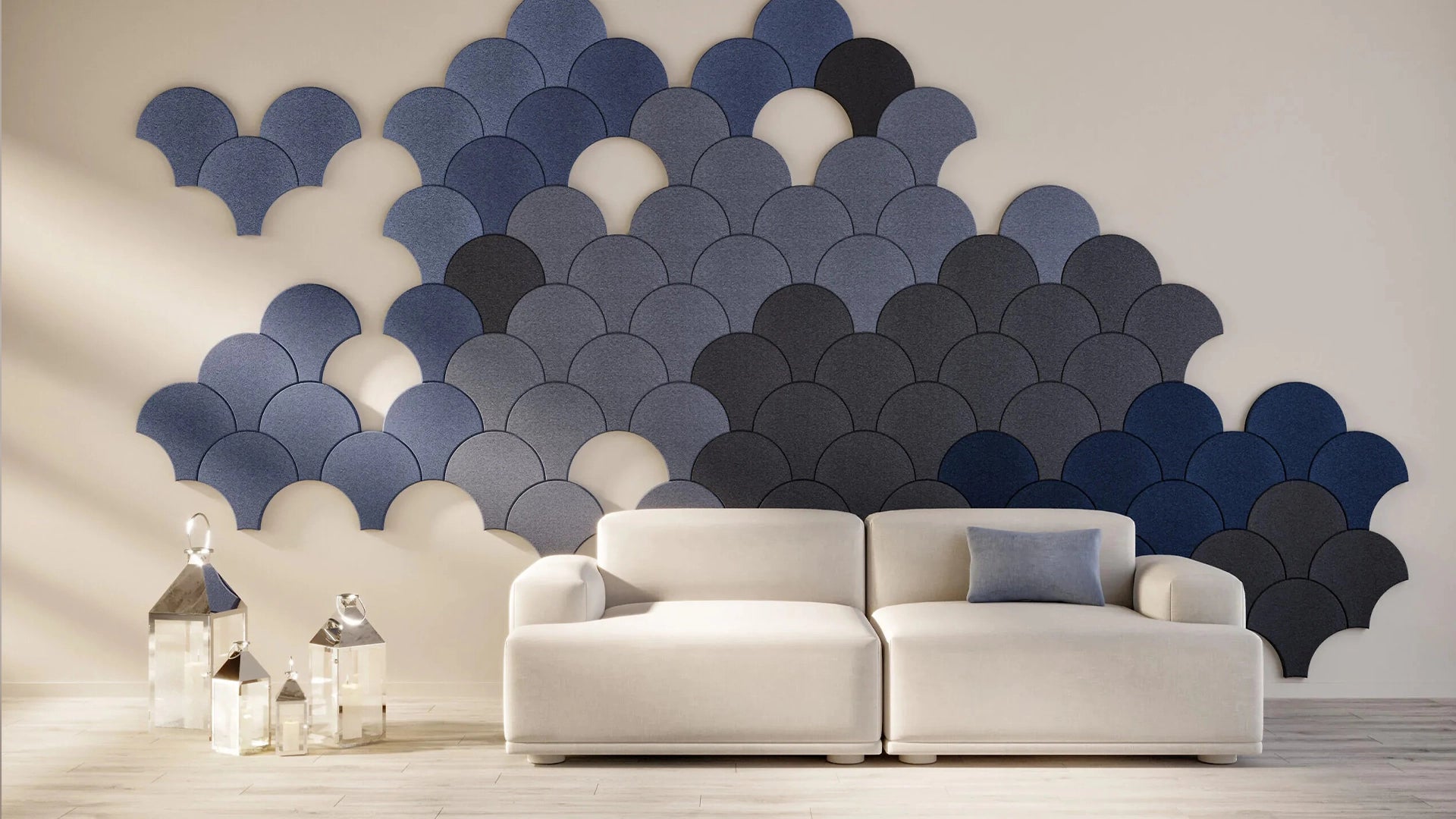 Fluffo Edge Acoustic Soft Wall Panels blue composition on white living room wall