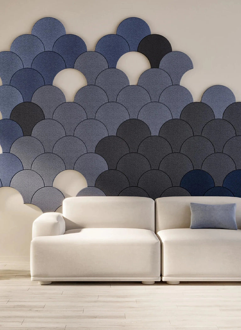 Fluffo Edge Acoustic Soft Wall Panels blue composition on white living room wall