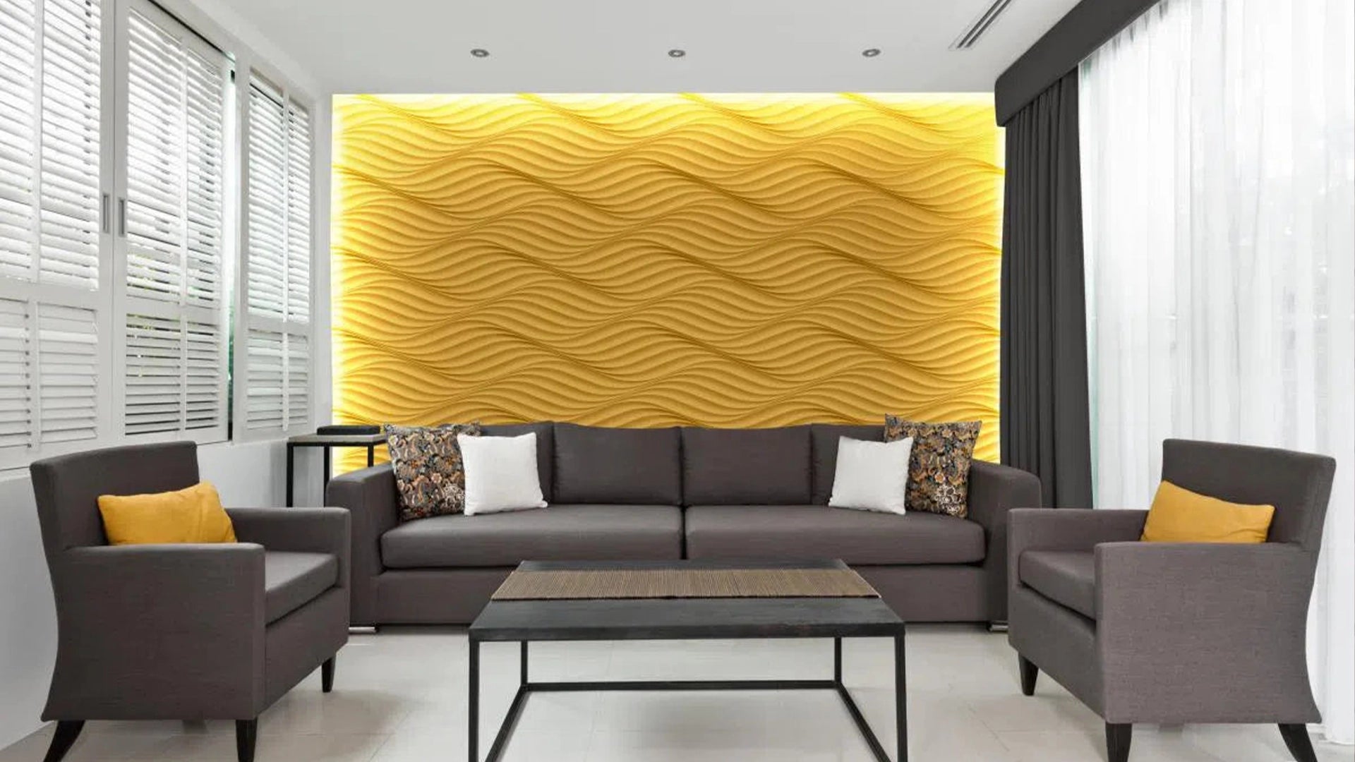 THE WIND 3D Wall Art - Polystyrene Wall Panels painted yellow in a living room interior | DecorMania UK 