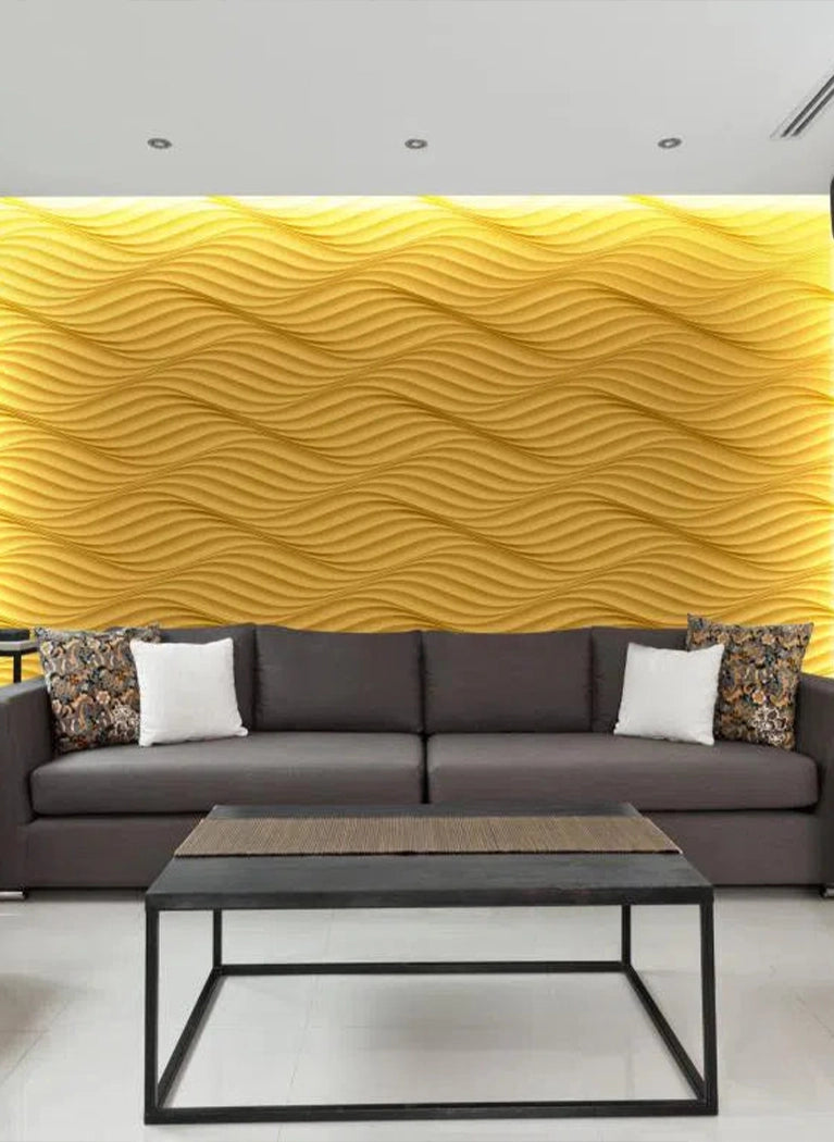 THE WIND 3D Wall Art - Polystyrene Wall Panels painted yellow in a living room interior | DecorMania UK 