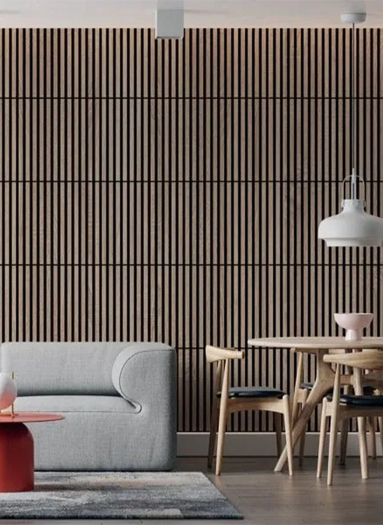 Wooden Acoustic Panels - Wall Slats in modern and cozy living room interior Decormania UK