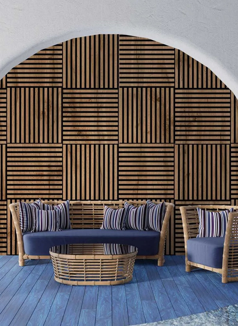 Wooden Acoustic Panels - Wall Slats in modern and cozy living room interior Decormania UK