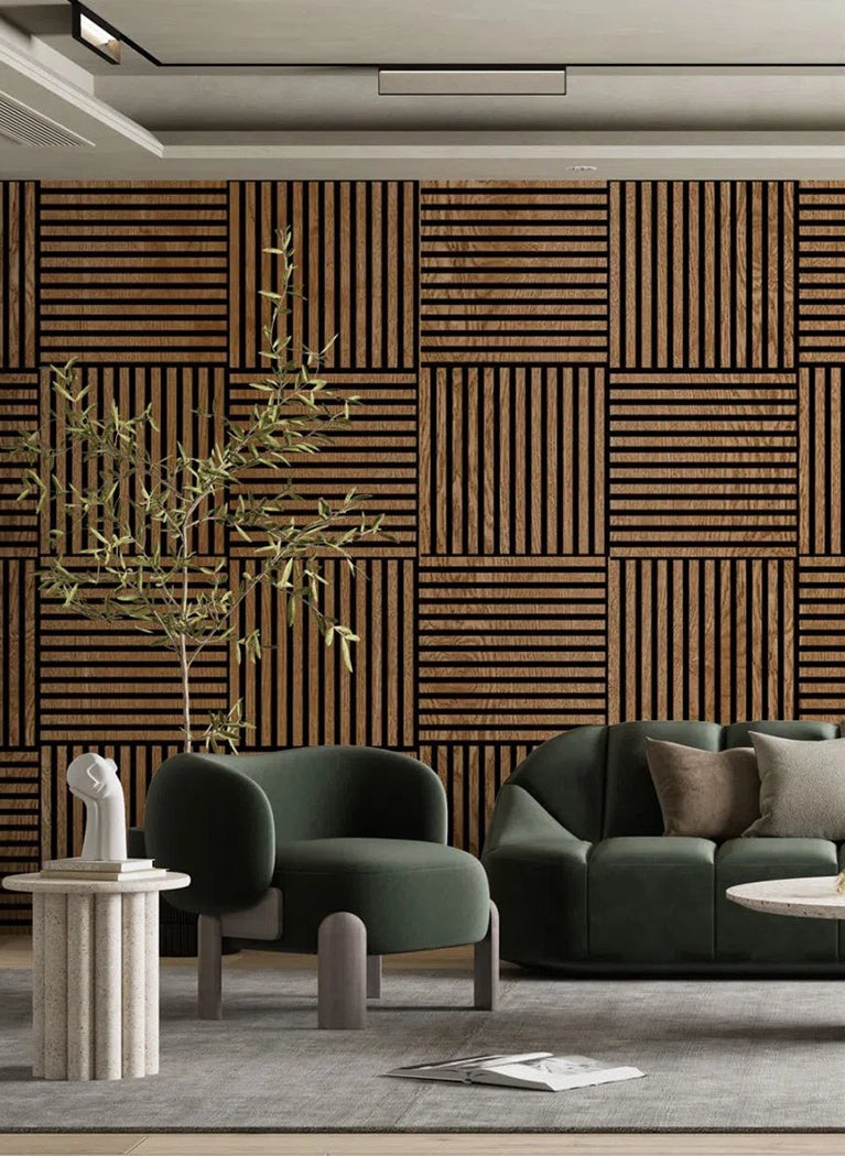 Wooden Acoustic Panels - Wall Slats in modern and cozy living room interior Decormania UK