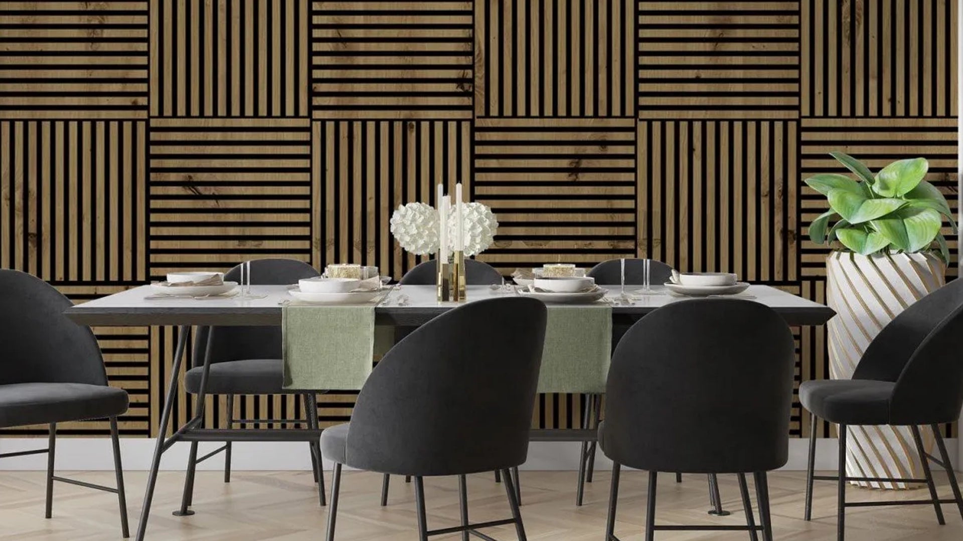 theme wooden acoustic panels wall slats in the dining room