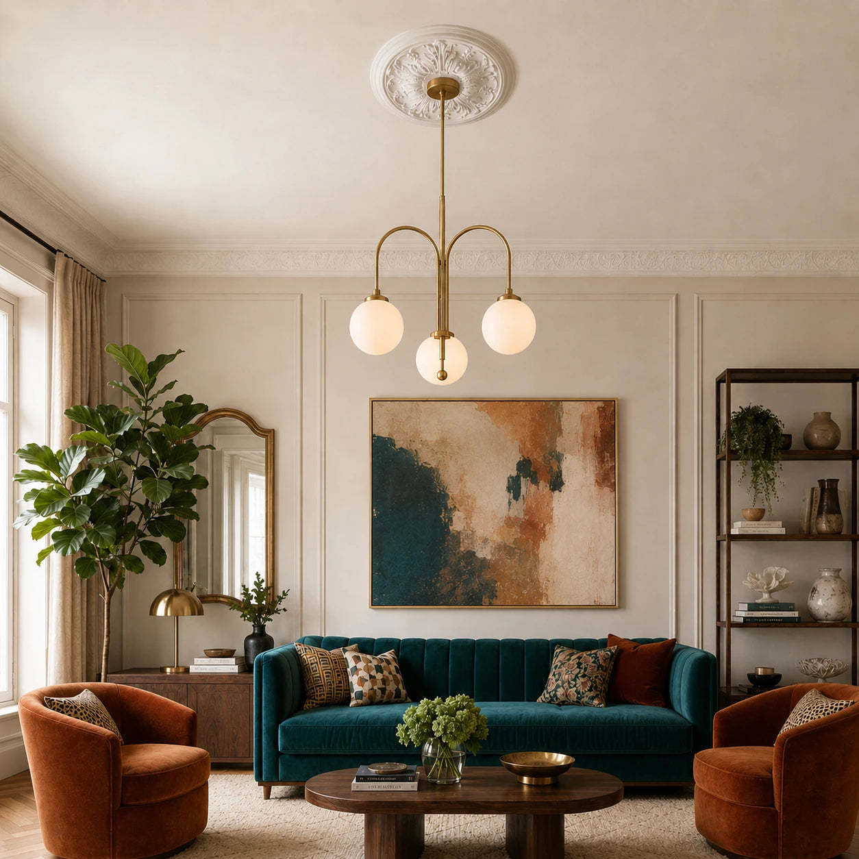 Elegant colourful living room featuring an ornate white Valencia R72 ceiling rose and brass chandelier
