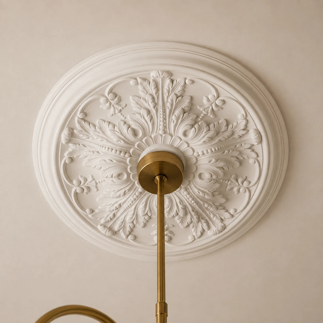 Close-up of the white Valencia R72 ceiling rose with detailed acanthus-leaf relief and a central brass chandelier mount.