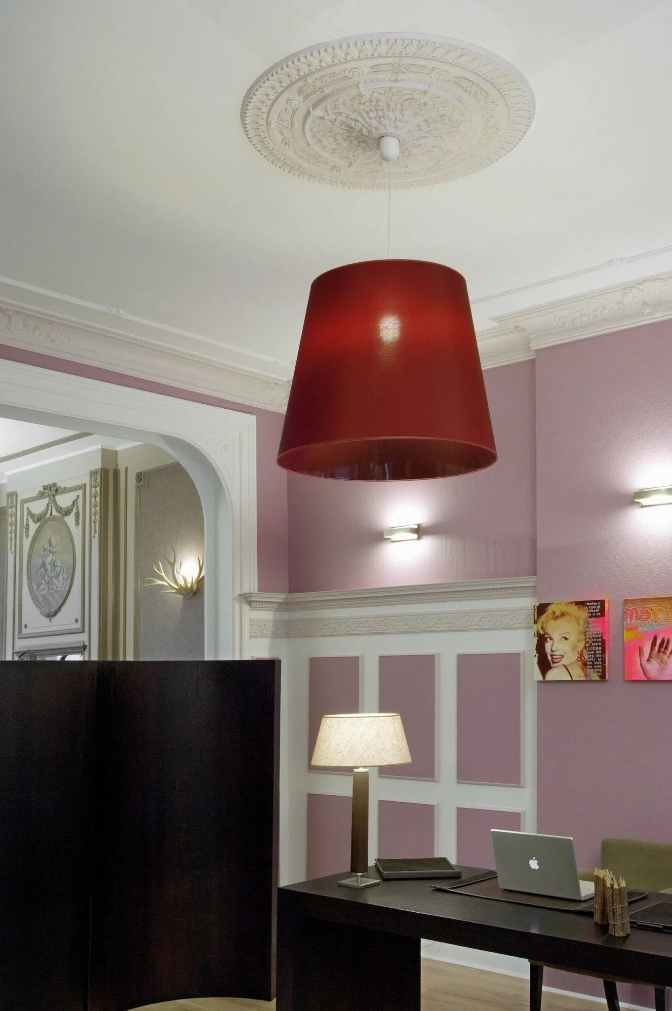 VICTORIA R25 Ceiling Rose with a red pendant light | DecorMania UK 