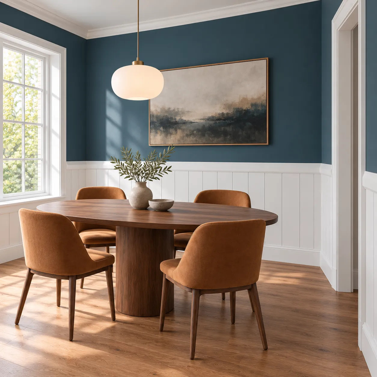 W1 WALLSTYL white decorative chair rail used above classic white wainscoting in a dining room