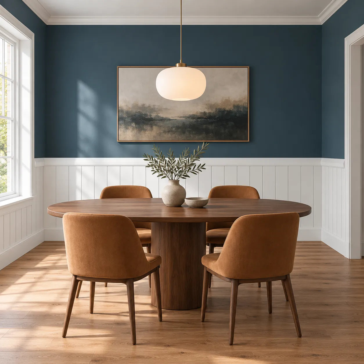 W1 WALLSTYL chair rail creating a clean transition between blue walls and white wainscoting