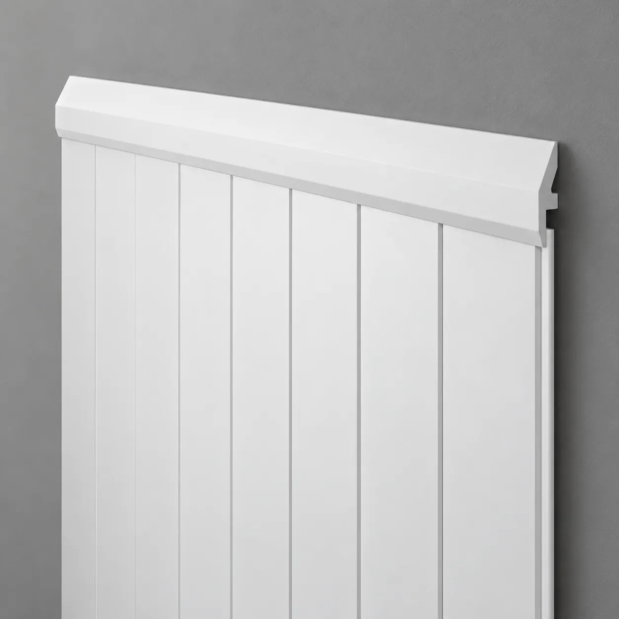 W1 WALLSTYL white decorative profile finishing vertical wall panelling with a refined top edge