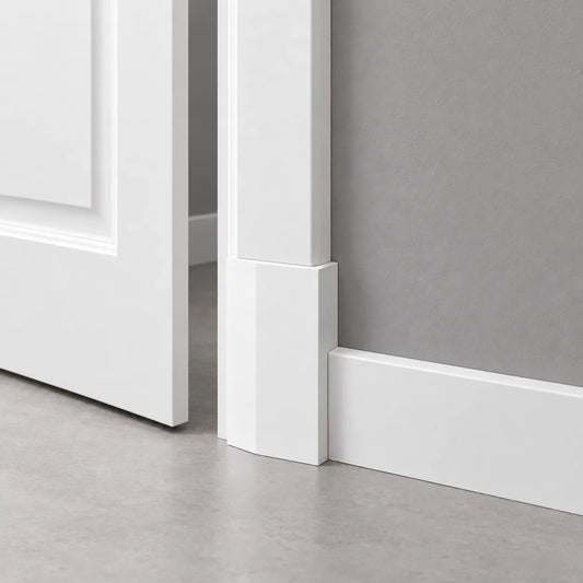 White WB2 WALLSTYL plinth block joining a door architrave and skirting board beside an ajar door in a grey room