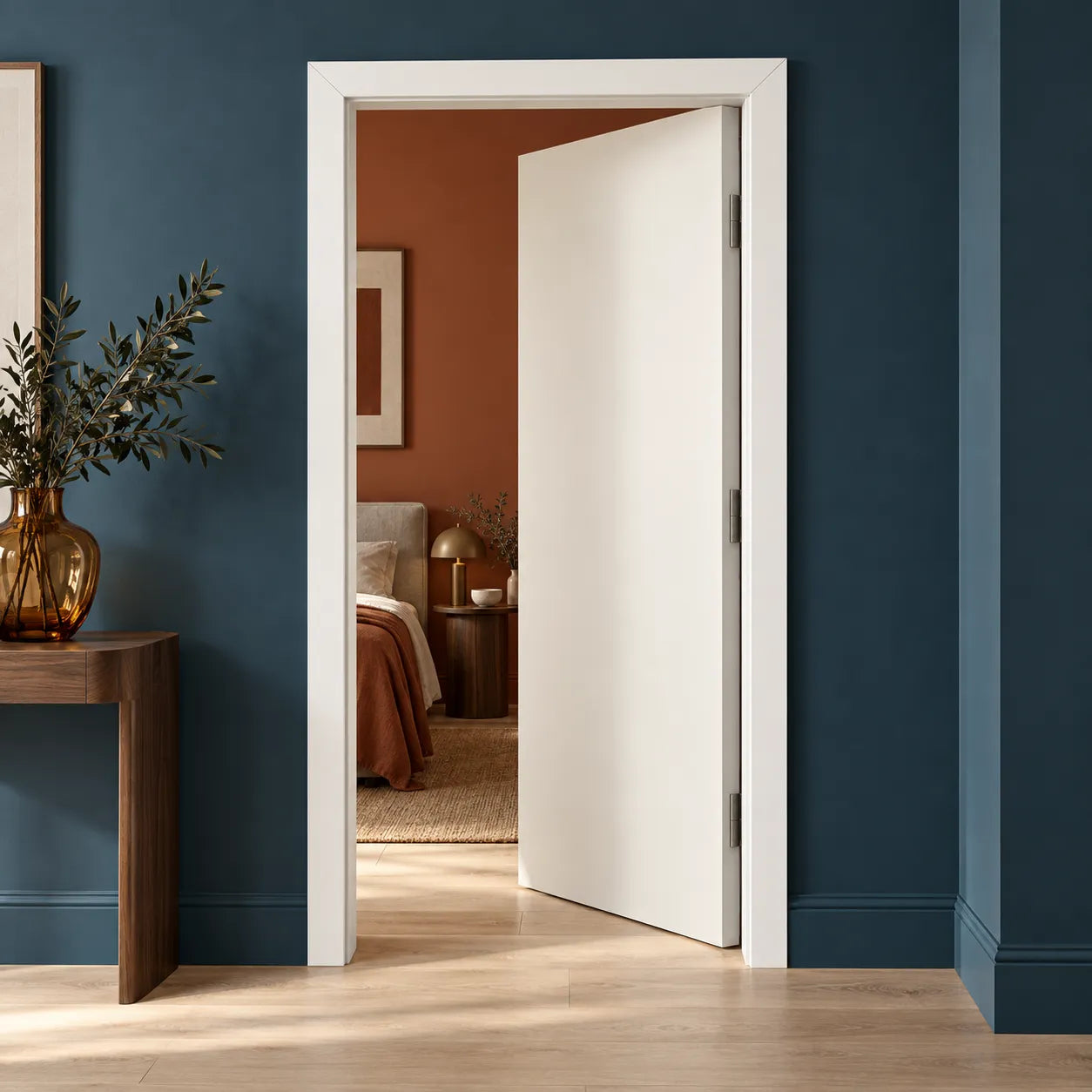 WD2-2200 WALLSTYL white decorative door frame in an elegant living room interior