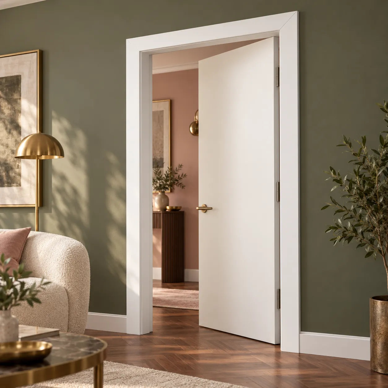 WD2-2200 WALLSTYL white decorative door frame in a modern interior with dark blue walls