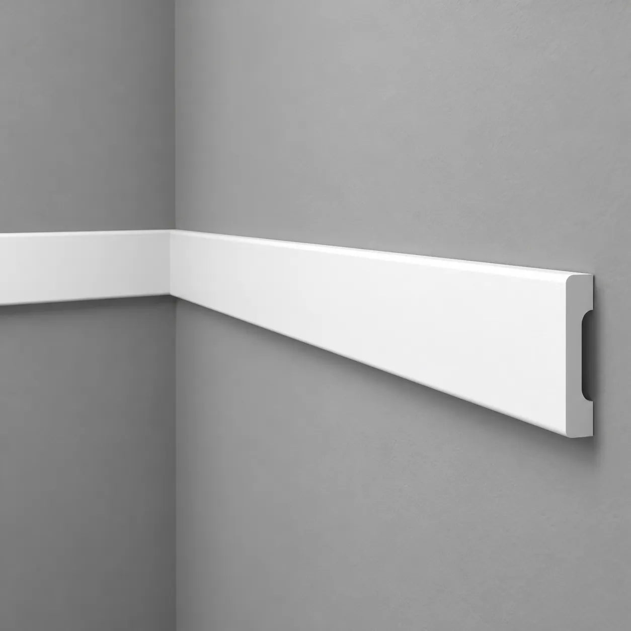 WD4 WALLSTYL white decorative chair rail with minimalist profile installed on a grey wall