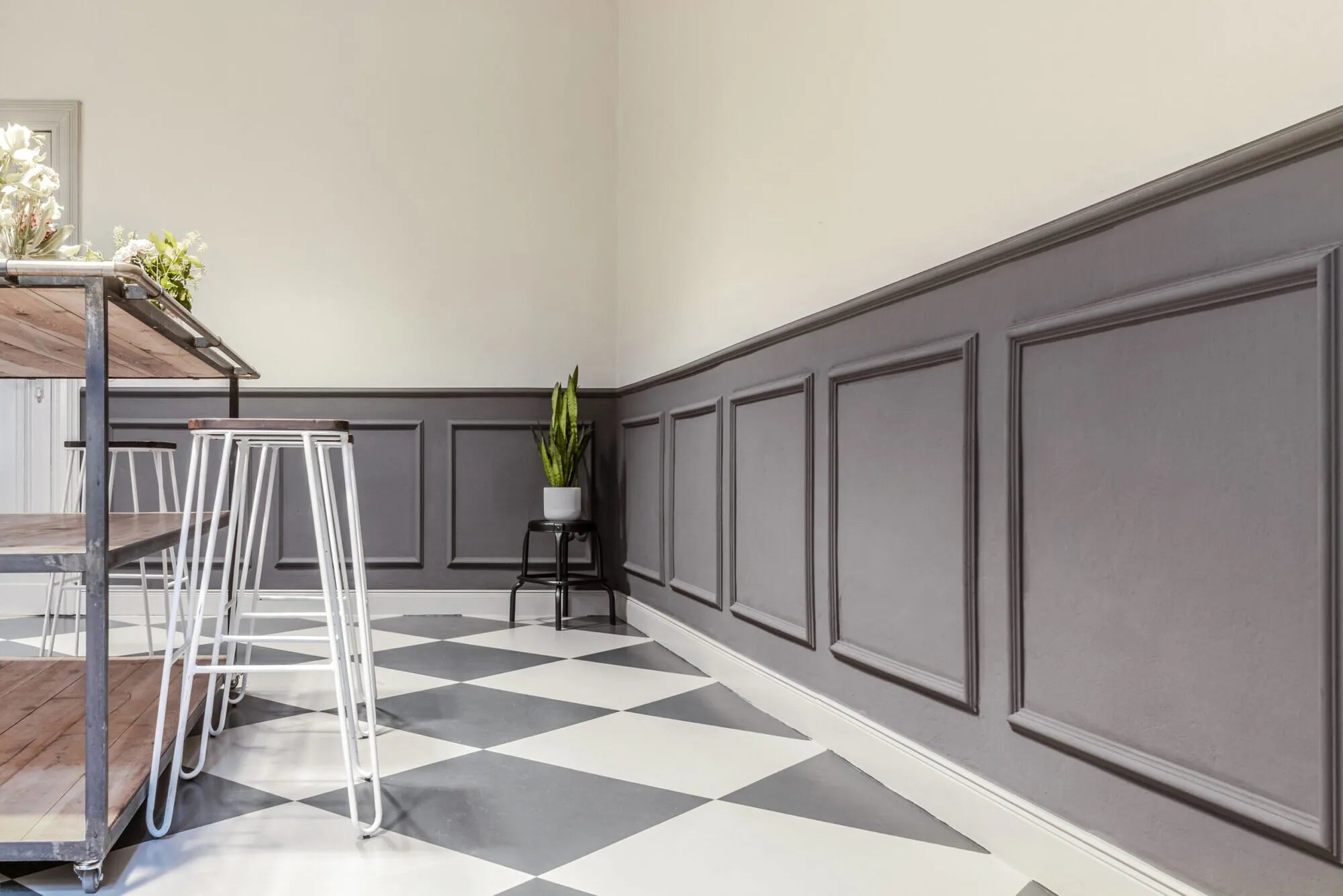 WL1 WALLSTYL PANEL MOULDING 2M on a checkered floor in a stylish room | DecorMania UK