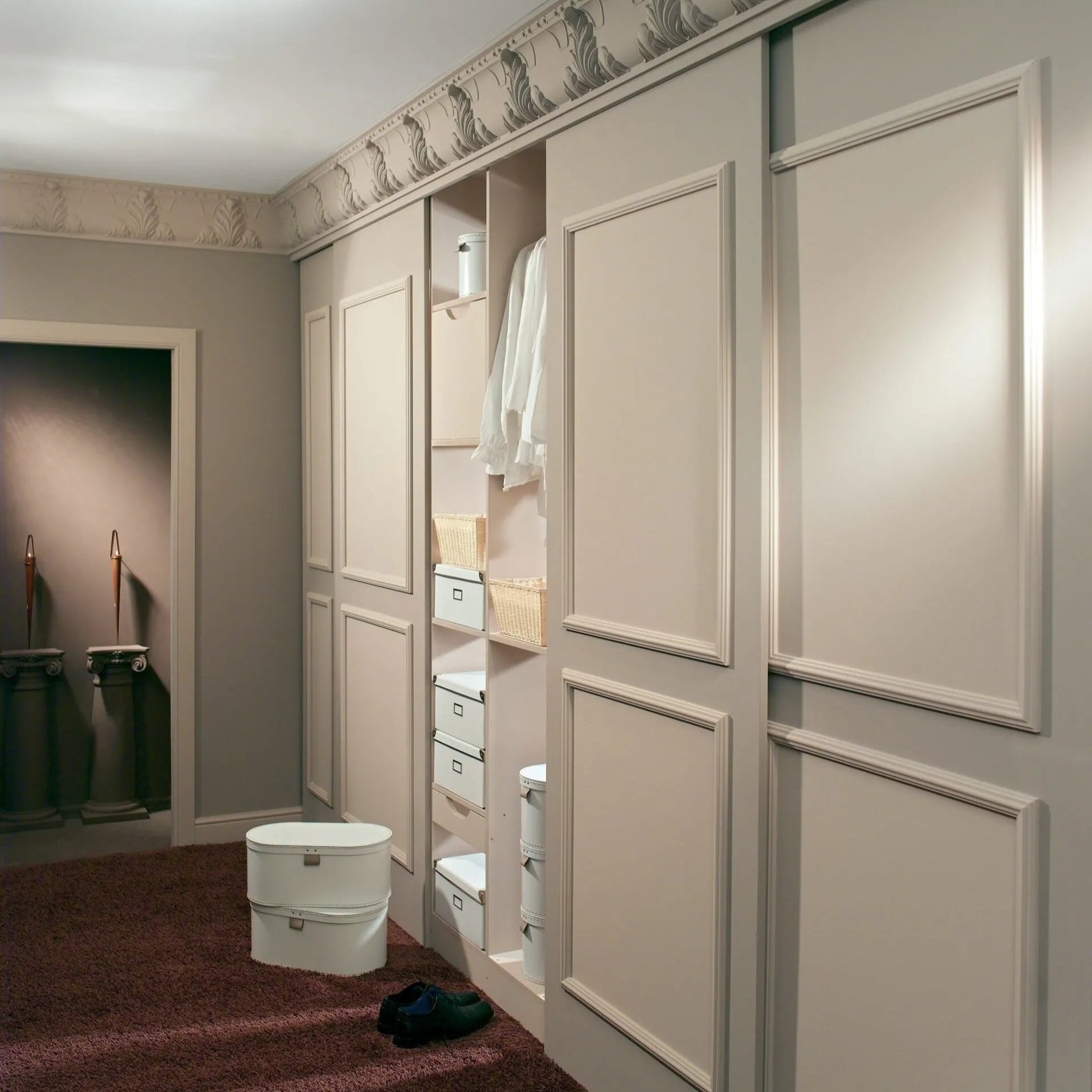 WL3 WALLSTYL PANEL MOULDING 2M - Dado Rail and elegant paneling in a stylish room with closet and carpet | DecorMania UK 